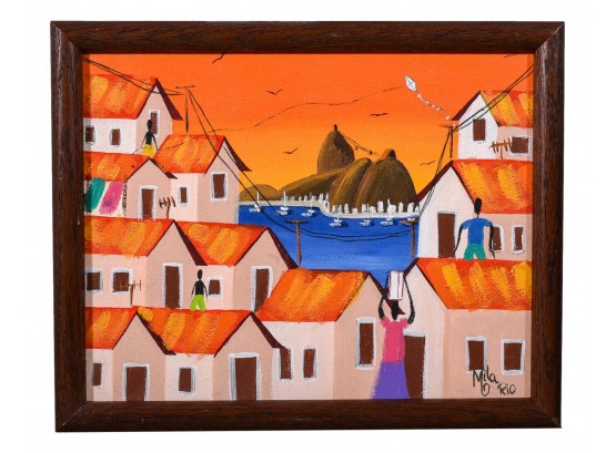 Signed Mila Rio Oil On Canvas Painting Of Houses Overlooking The Water