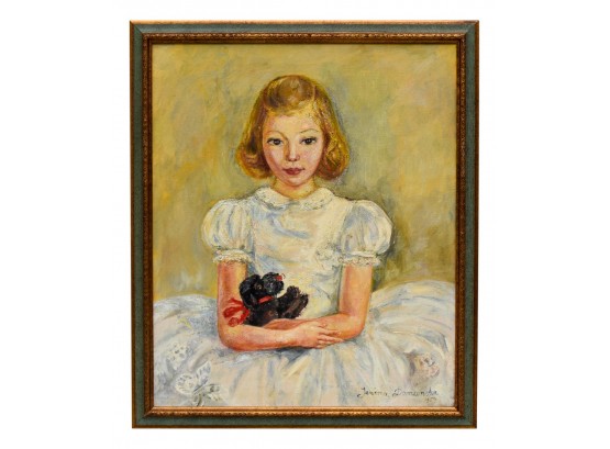 Signed Janina Domanska Oil On Canvas Of Girl With A Black Poodle Dated 1959