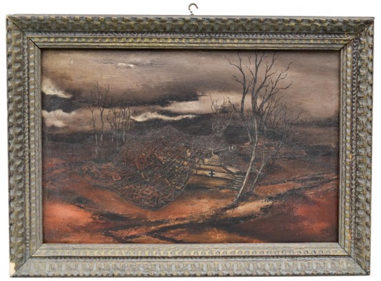 Signed Briggs Original Oil On Canvas Painting Dated 1944 Depicting A Canon In A War-Torn Country