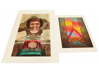 Lola Breidbart Mid-Century Signed Artist Proof Intaglio Print Titled 'Sunburst' And One Unsigned Print