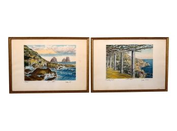 Pair Of Signed Colored Etchings Depicting An Island Waterscape