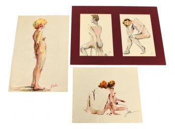 Collection Of Three Signed Jules Nude Watercolor Paintings