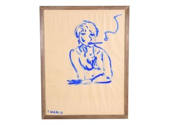 Signed Charlo Watercolor Painting Of A Lady Smoking