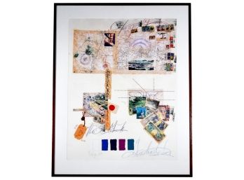 Signed Annabel Heurll Tokyo 159 Framed Collage Style Art Featuring Currency, Stamps And Maps