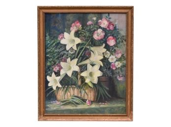 Signed Illegibly And Initialed AE Oil On Canvas Painting Of Flowers