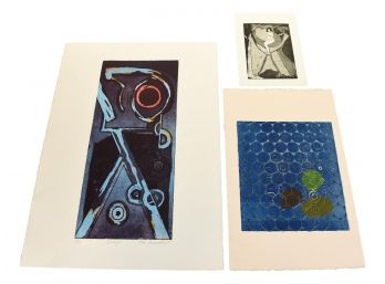 Lola Breidbart Mid-Century Signed Numbered Intaglio Print Titled 'Design' And Two Unsigned Prints