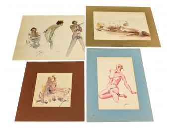Collection Of Four Signed Jules Nude Watercolor Paintings