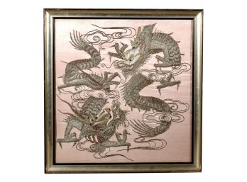 Vintage Gold Asian Thread Embroidery On Silk Depicting Dragons