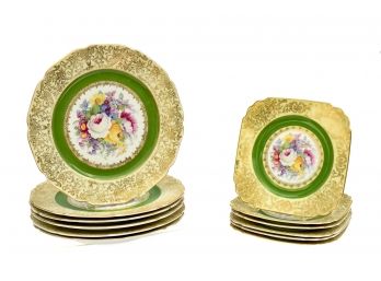 Set Of Twelve Vintage Bohemia Green And Gold Filigree Plates Made In Czechoslovakia