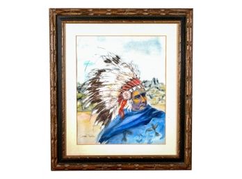 Original Artist Signed Indian Sioux Chief Watercolor Painting
