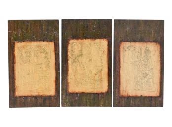 Set Of Three Decoupage Drawings On Wood Board (Possibly Picasso?)