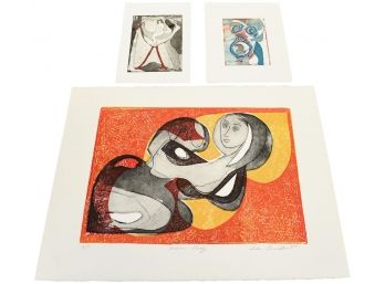 Lola Breidbart Mid-Century Signed Artist Proof Intaglio Print Titled 'Moon Lady' And Two Unsigned Prints