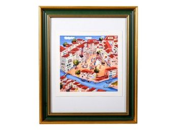Signed Original Framed Painting Of People Gathering In A Town