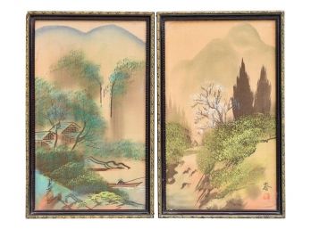 Pair Of Signed Asian Acrylic On Silk Framed Paintings
