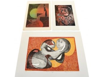 Lola Breidbart Mid-Century Signed Intaglio Print Titled 'Moon Lady' And Two Unsigned Prints