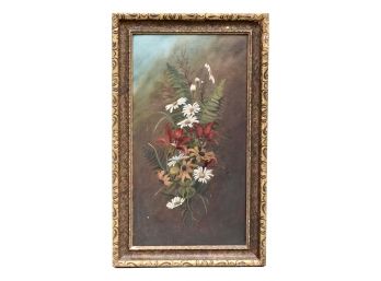 Unsigned Oil On Board Painting Of Flowers And Ferns
