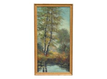 Unsigned Framed Oil On Canvas Painting Of Trees Amidst A Body Of Water