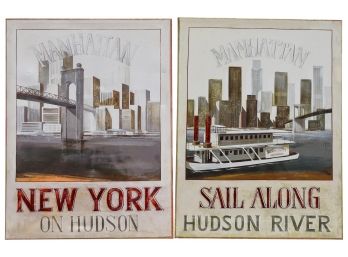 Pair Of Fabrice De Villeneuve Canvas Manhattan Skyline Prints