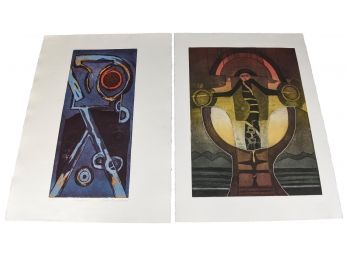 Lola Breidbart Mid-Century Signed Intaglio Print Titled 'Design' And One Unsigned Print