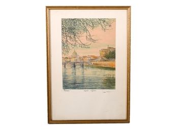 Signed Color Etching Depicting Castel Sant' Angelo And The Dome Of The Vatican