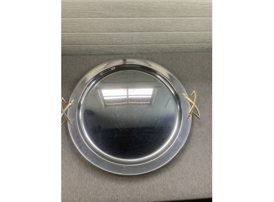 Round Metal Serving Tray With Brass Crossed Handles