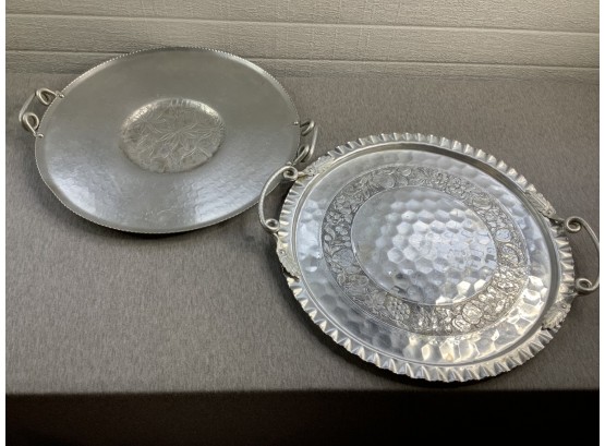 Hand Wrought Aluminum Serving Tray Lot Of 2