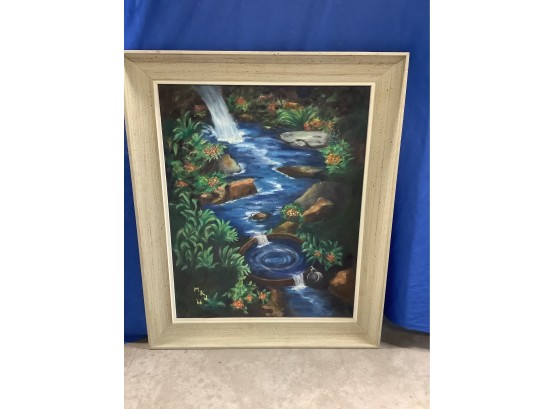 MKJ '66 Signed Art Of A Waterfall In A Light Colored Wooden Frame