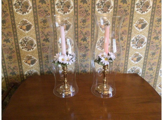 Pair Of Brass Candle Holders With Glass Shades