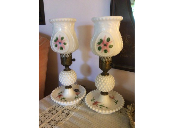 Pair Of Milk Glass Lamps With Floral Decoration