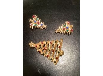 Christmas Tree Pin And Clip On Earring Lot