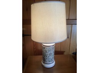 White Table Lamp With Brown And Teal Floral Design And White Shade