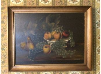 M. Morgan Signed Art Of A Fruit Basket In Wooden Frame