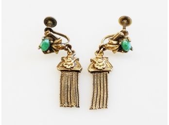 Antique Bronze & Jade Tassel Screw Back Earings