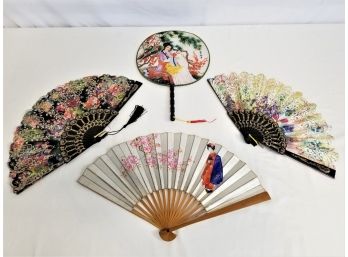 Four Oriental Fabric Colorful Handheld Folding Fans New