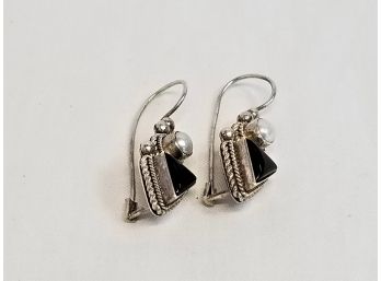 Vintage 925 Sterling Silver Onyx And Mother Of Pearl Drop Earrings