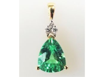 Trillion Cut Emerald With A Trio Of Diamonds 10k Yellow Gold Pendant