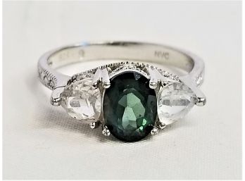 Vintage 925 Sterling Silver Three Stone Green And Clear Topaz Filigree Ring Size 10
