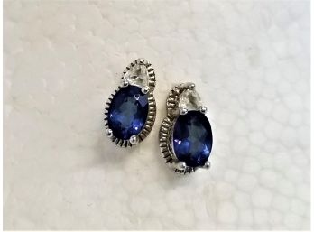 925 Sterling Silver Oval Sapphire Blue Crystal  And Cubic Zirconia Earrings