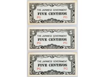 Three 1942 Philippines 5 Centavos Banknotes, Japanese Occupation