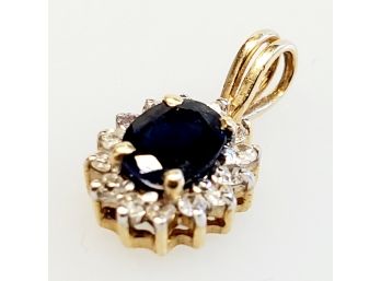 Adorable 14K Blue Sapphire & Diamond Oval Small Pendant