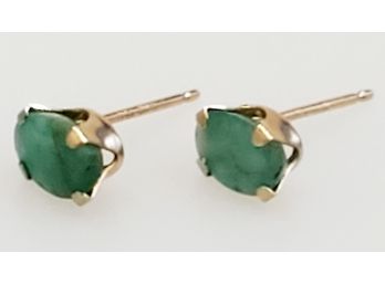 Adorable Pair Of Oval Jade Pierced Stud Earrings With 14K Yellow Gold Setting & Post