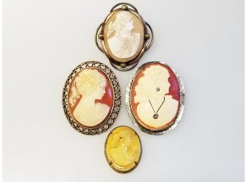 Collection Of Four Vintage Cameo Pin Brooches