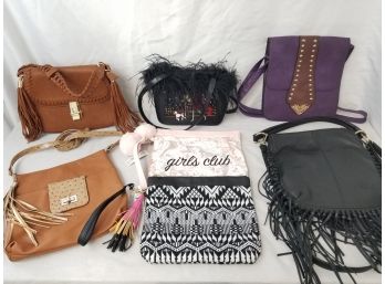 Seven Women's Fringed Or Feathered Purses & Wristlet Bags