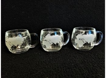 Three Vintage 1970's Nestle Etched Glass Map Of The World Coffee Mugs