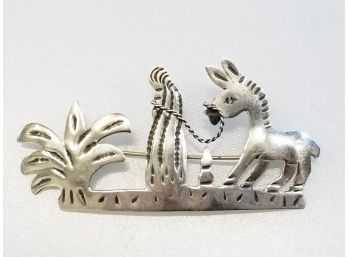 Vintage Hecho En Mexico Sterling Silver Pin/ Brooch: Mexican Man Donkey & Date Palm Tree