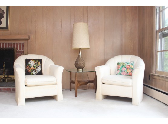 Pair Of Modern Barrel Back Armchairs With Needlepoint Throw Pillows