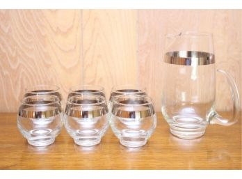 Six Mid-Century  Roly Poly Dorothy Thorpe Style Glasses And Pitcher