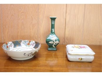 Hand Painted Bowl, Lidden German Box, And Vase
