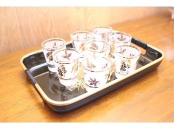 Set Of Eight Etched Frosted Glass Shooters And A Handpainted Tray With Gold Colored Trim