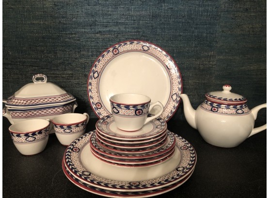 Hand Painted Ceramic Portugese Dinnerware Set With Tea Pot, Covered Dish